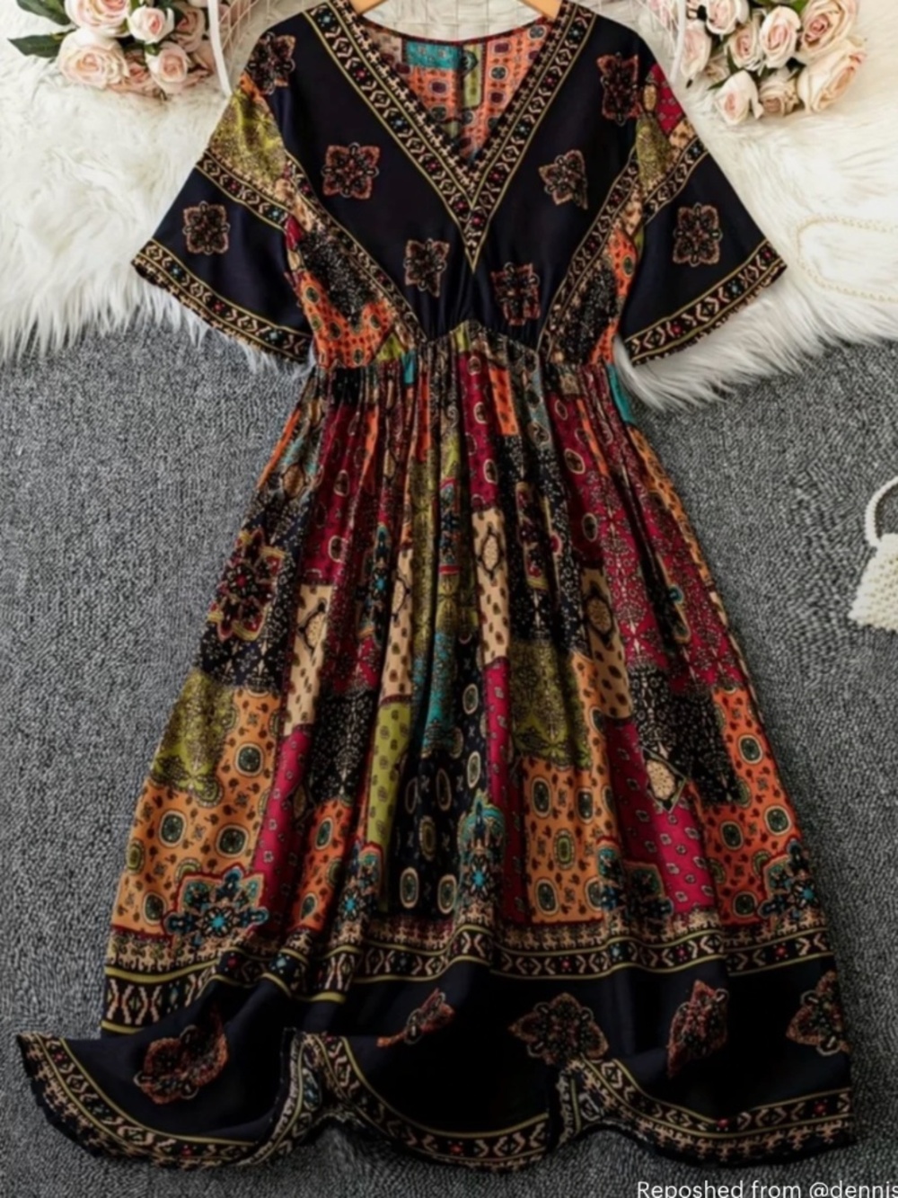 Bohemian Patchwork V-Neck Midi Dress NIP FITS LIKE 1X